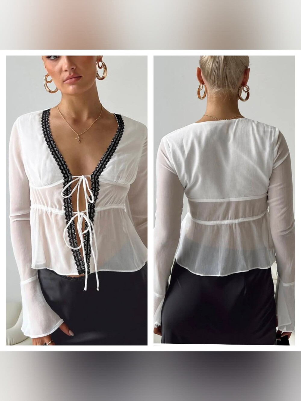 Princess Polly Taliyah Sheer White Bell Sleeve Lace Tie Front Top Size 4